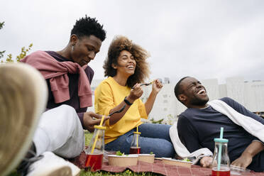 Glückliche Freunde lachen beim Mittagessen im Park - VYF00812