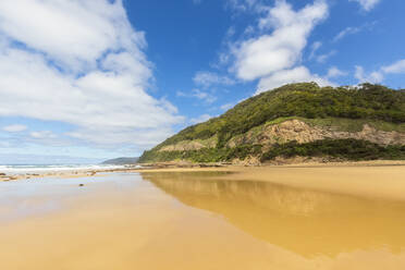 Australien, Victoria, Lorne, Cumberland River Beach mit bewaldeten Klippen im Hintergrund - FOF12448