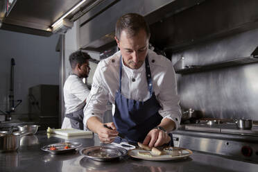 Professional male cook placing fish on plate while serving order in restaurant kitchen with black colleague - ADSF32921