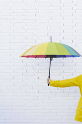 Woman holding multi colored umbrella in front of brick wall - EBBF05155