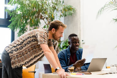 Diverse coworkers examining documents at table with laptops and green potted plants while doing paperwork together in modern light office - ADSF32990