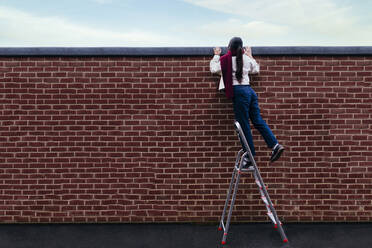 Young woman standing on ladder peeking over wall - ASGF02061