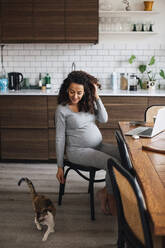 Female freelancer looking at cat in kitchen - MASF28047