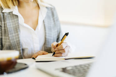 Young businesswoman writing in diary at cafe - XLGF02516