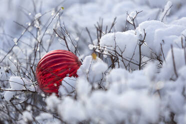 Rotes Weihnachtsornament im Schnee liegend - VGF00417