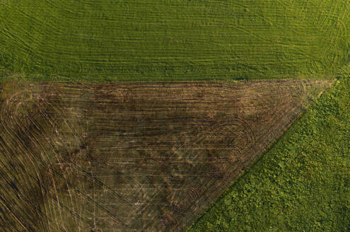 Drohnenansicht einer mit Reifenspuren übersäten Ecke eines braunen Feldes - WWF05968