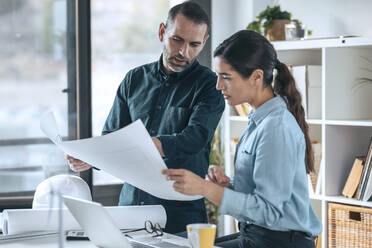 Architekten besprechen den Grundriss in einem kleinen Büro - JSRF01793