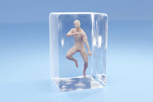 Three dimensional render of male character frozen inside cryogenic cube - SPCF01594