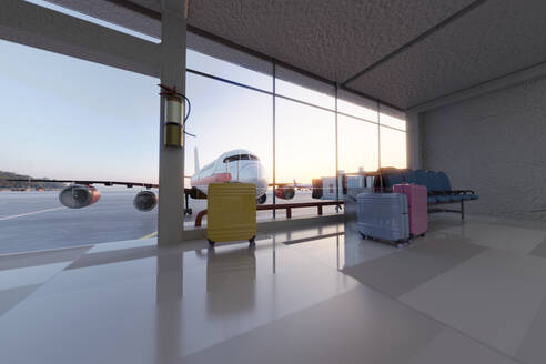 Three dimensional render of luggage left at airport with airplane waiting in background - SPCF01602