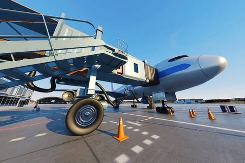 Dreidimensionales Rendering einer Fluggastbrücke, die mit einem auf dem Flughafen wartenden Flugzeug verbunden ist - SPCF01605