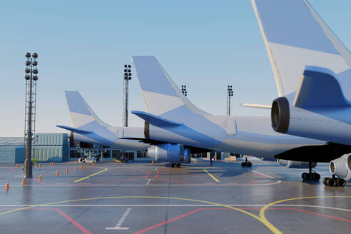 Three dimensional render of empennages of airplanes waiting at airport - SPCF01606