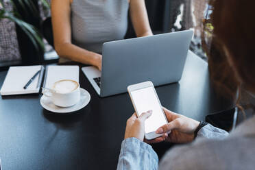 Geschäftsfrau benutzt Smartphone neben einem Kollegen, der in einem Café an seinem Laptop arbeitet - PNAF02750