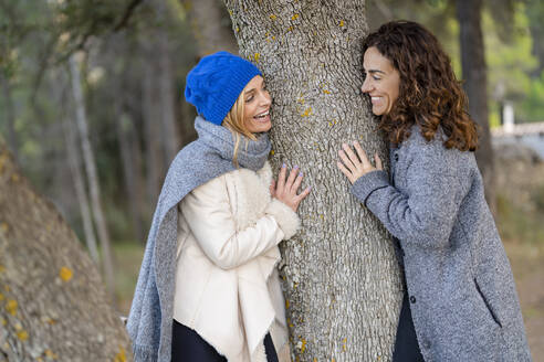 Fröhliche Freunde, die sich, an einen Baumstamm gelehnt, gegenseitig ansehen - DLTSF02545
