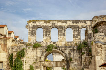 Plants growing on old limestone Silver Gate, Diocletian's Palace, Split, Dalmatia, Croatia - MAMF02007