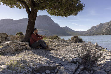 Man sitting on rock by tree at lakeshore, Cuber Dam, Mallorca, Balearic Islands, Spain - JPTF01017