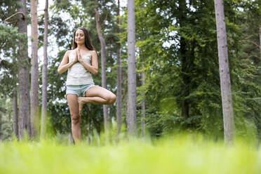 Woman standing on one leg practicing yoga in forest at Cannock Chase - WPEF05682