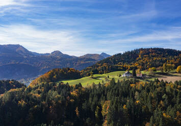 Drohnenansicht eines abgelegenen Bauernhauses im Salzkammergut - WWF06016