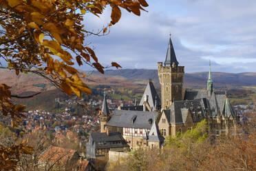 Germany, Saxony-Anhalt, Wernigerode, Exterior of Wernigerode Castle in autumn - WIF04482