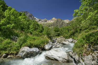 Landschaftlicher Blick auf einen Fluss im Refuge de Vallonpierre, Nationalpark Ecrins, Frankreich - ANSF00160