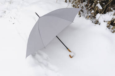 Offener Regenschirm fällt auf weißen Schnee - SEAF00380