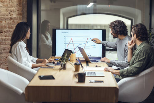 Businessman explaining business strategy to colleagues in meeting at coworking office - JSRF01818