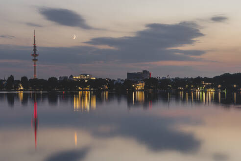 Germany, Hamburg, Long exposure of Outer Alster Lake at dusk - KEBF02182