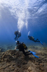 Friends diving over ocean floor together undersea - RSGF00834