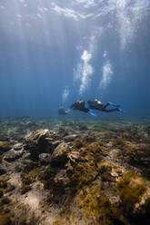 Young friends scuba diving over ocean floor undersea - RSGF00842