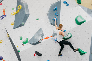 Ganzkörper-Rückenansicht einer aktiven Bergsteigerin in Sportkleidung an einer künstlichen Kletterwand mit bunten Griffen beim Training in einer modernen Sporthalle - ADSF33184