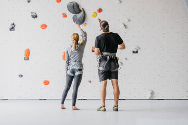 Ganzkörper Rückenansicht Paar Alpinisten mit Sicherheitsgurt stehen in der Nähe Kletterwand mit bunten Griffen während des Trainings in der Turnhalle - ADSF33193