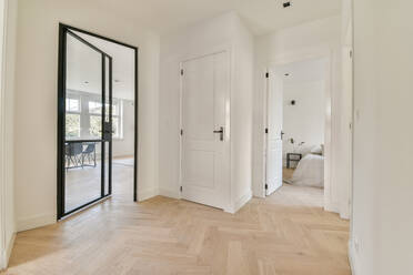Corridor with classic white and modern glass doors leading to bedroom and kitchen in spacious modern light apartment with parquet at home - ADSF33230