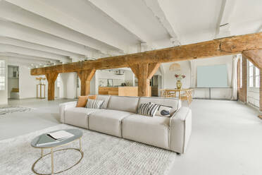 Geräumiges, helles Studio mit weißen Wänden und einem bequemen Sofa, das auf einem Teppich in der Nähe des Couchtisches steht - ADSF33249