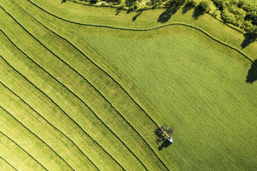 Luftaufnahme eines Traktors, der eine grüne Wiese im Vorfrühling bewegt - WFF00570