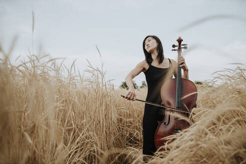 Frau spielt Cello auf einem Feld - GMLF01222