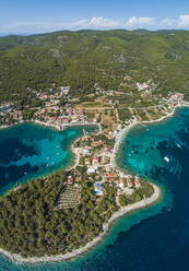 Aerial view of Prizba peninsula facing the Adriatic Sea along the coast in Croatia. - AAEF13853