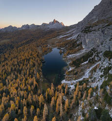 Luftaufnahme von Alpensee und Herbstbäumen am Federasee, Dolomiten, Italien. - AAEF13862