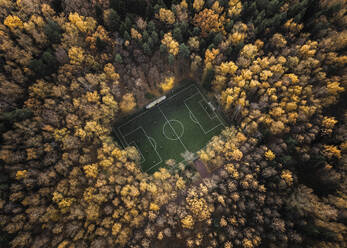 Luftaufnahme eines Fußballplatzes in Herbstfarben bei Sonnenaufgang, Moskau, Russland. - AAEF13930