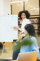 Smiling businesswoman giving presentation to colleague in meeting room - OYF00679