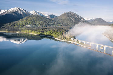 Sylvenstein Dam and Faller-klamm-brucke bridge surrounded by fog in winter, Lenggries, Bavaria, Germany - WFF00584