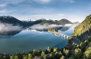 Sylvenstein Dam and Faller-klamm-brucke bridge surrounded by mist in winter, Lenggries, Bavaria, Germany - WFF00588