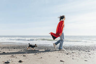 Junge Frau mit Hund schaut am sonnigen Tag aufs Meer - OMIF00444