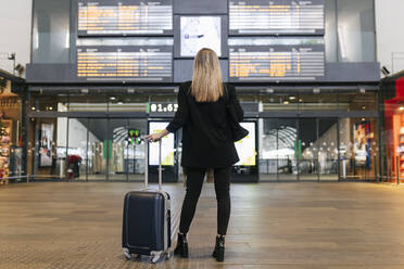 Frau schaut auf die Ankunft-Abfahrtstafel am Bahnhof - JRVF02622