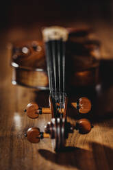 Studio shot of violin with focus on tuning pegs - DAWF02438