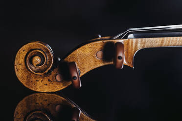 Studio shot of violin scroll and tuning pegs - DAWF02442