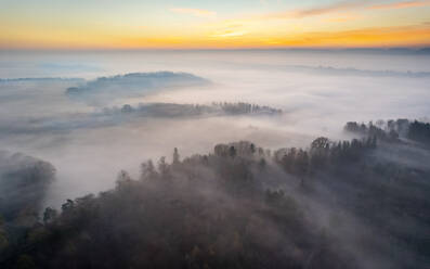 Drone view of Welzheim Forest shrouded in morning fog - STSF03122