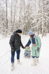 Vater und Mutter ziehen Schlitten mit Tochter auf Schnee im Winter - EYAF01894
