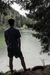 Mann bewundert den Fernsteinsee und die Almhütte, Ehrwald, Tirol, Österreich - WFF00641