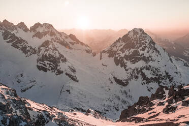 Idyllic view of Ehrwalder Sonnenspitze mountain at sunset, Vorderer Tajakopf, Ehrwald, Tirol, Austria - WFF00647