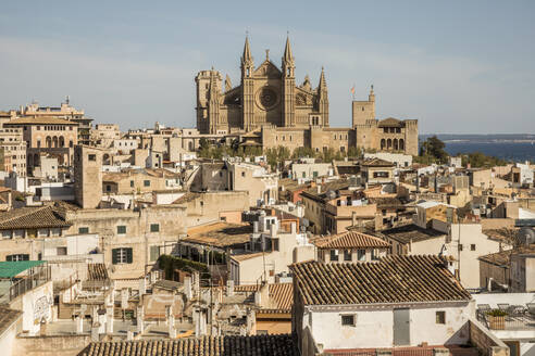 Spanien, Balearische Inseln, Palma de Mallorca, Altstadthäuser mit der Kathedrale von Palma im Hintergrund - JMF00603