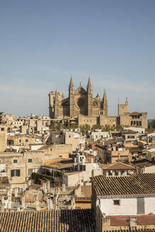 Spanien, Balearische Inseln, Palma de Mallorca, Altstadthäuser mit der Kathedrale von Palma im Hintergrund - JMF00604